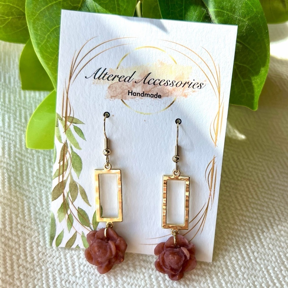 2/$30 Gold and Brown Rose Dangle Earrings